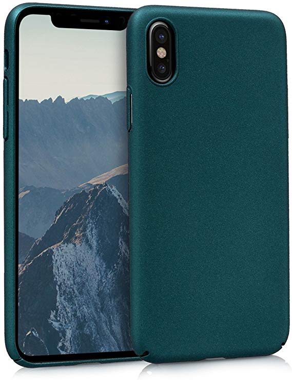 kwmobile Case Compatible with Apple iPhone X - Hard Plastic Anti Slip Grip Shockproof Phone Cover - Metallic Teal