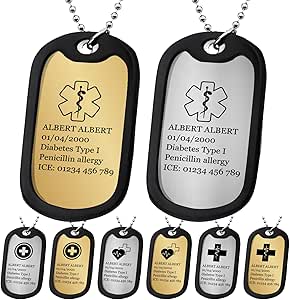 Custom Medical Alert Necklace for Men Women Engraved Emergency ID Military Dog Tag Medical Card for Diabetes, Allergy, Epilepsy & Medical Conditions Stainless Steel