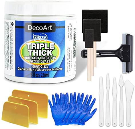 Triple Thick Gloss Glaze by DecoArt, 8-Ounce, Pixiss Accessory Kit with Brayer, Gloves, Spreaders, Brushes