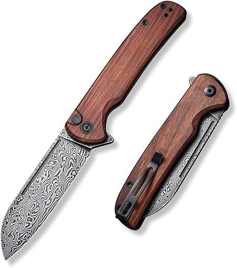 CIVIVI Chevalier Folding Pocket Knife, Button Lock EDC Knife 3.46" Black Hand Rubbed Damascus Sheepsfoot Blade Cuibourtia Wood Handle for Hiking Camping Fishing Work Outdoor