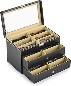 CO-Z 18 Compartment Sunglasses Organizer, Leather Eyeglasses Storage Box for Women Men, Lockable Eyewear Display Case with Drawer, Glasses Holder with 18 Slots for Watches Jewelry Collection, Black