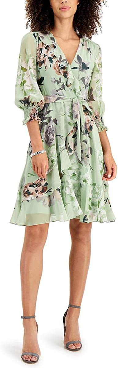 Taylor Dresses Women's Petite Long Smocked Sleeve Ruffle V-Neck Faux Wrap Floral Short Chiffon Dress with Waist Tie