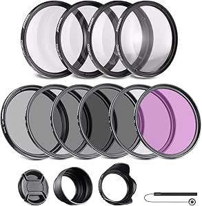 NEEWER 52mm ND/CPL/UV/FLD/Close Up Filter and Lens Accessories Kit with ND2 ND4 ND8, Close Up Filters( 1/ 2/ 4/ 10), Tulip Lens Hood, Collapsible Rubber Lens Hood, Lens Cap, Filter Pouch