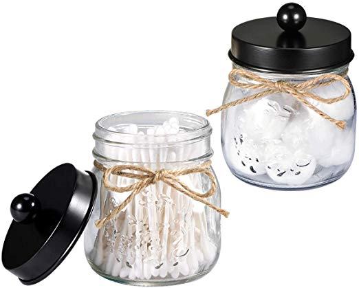 Mason Jar Bathroom Vanity Organizer - Farmhouse Decor Qtip Dispenser Holder Canister Glass - 8oz Mason Jars with Stainless Steel Lids for Q-tips,Cotton Swabs,Rounds,Bath Salts,Ball / Black,2-Pack