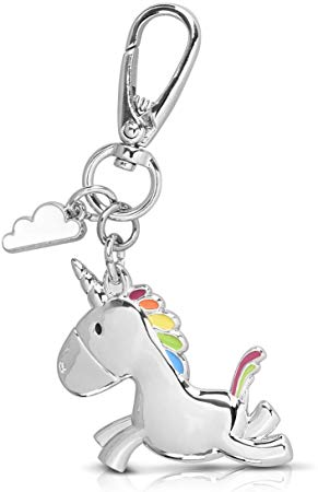 Navaris Unicorn Keychain - Small Silver Unicorn Animal Keyring with Cloud for Car and House Keys, Lanyard, Purse - Cute Key FOB