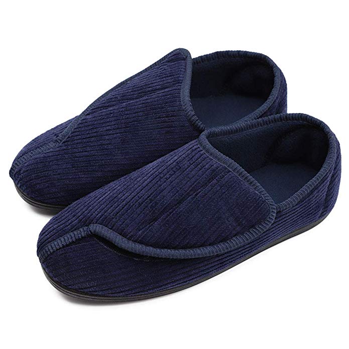 Men's Memory Foam Diabetic Slippers with Adjustable Closures,Extra Wide Width Comfy Warm Plush Fleece Arthritis Edema Swollen House Shoes