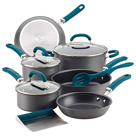 Rachael Ray 81123 Create Delicious Hard Anodized Nonstick Cookware Pots and Pans Set, 11 Piece, Gray with Teal Handles