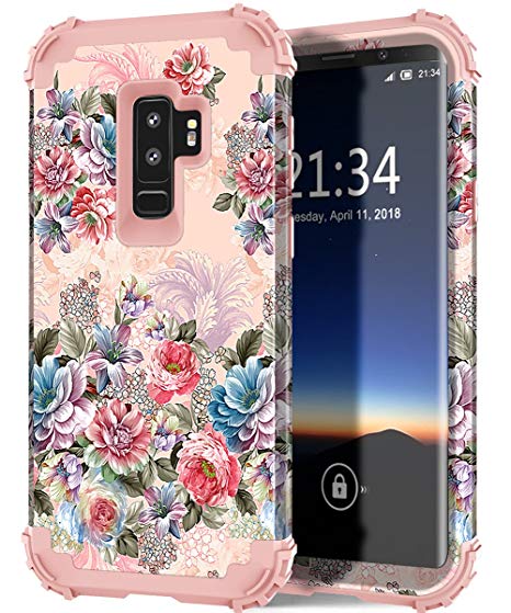 Galaxy S9 Plus Case, Hocase Heavy Duty Protection Shock Absorbent Silicone Rubber Hard Plastic Hybrid Dual Layer Protective Phone Case for Samsung Galaxy S9 Plus (SM-G965) 2018 - Peony/Rose Gold