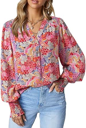 Dokotoo Women's Casual V Neck Easel Floral Print Long Sleeve Blouses Smocked Button Down Shirts Bohemian Top