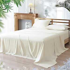 PHF Cooling Sheets Set California King Size, Rayon Derived from Bamboo & Polyester, Breathable & Wrinkle Free Silky Soft Bedding Sheets, Wider Elastic Band 16" Deep Pocket Sheets & Pillowcase, Cream