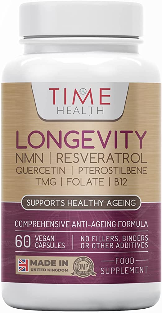 Longevity – NMN, Resveratrol, Quercetin, Pterostilbene, TMG, Folate & B12 – NAD  Booster – Anti-Ageing – UK Made – Zero Additives – 60 Capsules