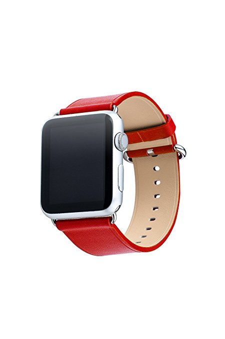 For Apple Watch Band, Aisun Vintage Embossed Genuine Leather strap Wrist Band Replacement with Metal Clasp for iWatch All Models (Red 42mm)