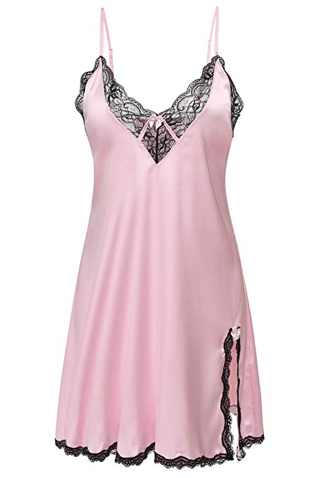 Ekouaer Sleepwear Women's Sexy Lingerie Satin Nightdress Lace Chemise Nightgown Silk Slips Loungewear XS-XXL