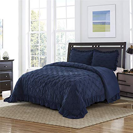 HIG Pintuck Comforter Set King Navy Lace Ruffled - Extra Soft Hypoallergenic Prewashed Microfiber - Light Weight and All Season Used - Shabby Chic Farmhouse Style - 3pc Bedding Set (Brianna-Navy)