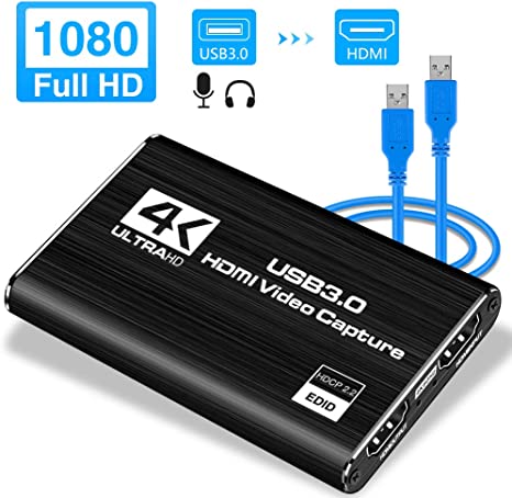 LEADNOVO Audio Video Capture Card, HDMI USB3.0 4K 1080P 60fps Reliable Portable Video Converter for Game Streaming Live Broadcasts Video Recording(Black)