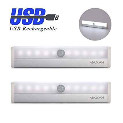 MAXAH® 2 PACK 10 LED PIR Motion Sensor Light USB Rechargeable Night Light / Wardrobe Light / Kitchen Cabinet Light / Cupboard Light / Hallway Light [Upgraded] (10 LED, Pure White, 2 Pack)
