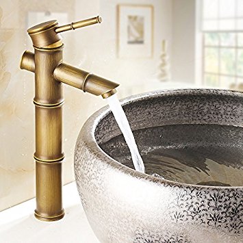 Aquafaucet Antique Brass Bamboo Shape Bathroom Sink Vessel Faucet Basin Mixer Tap