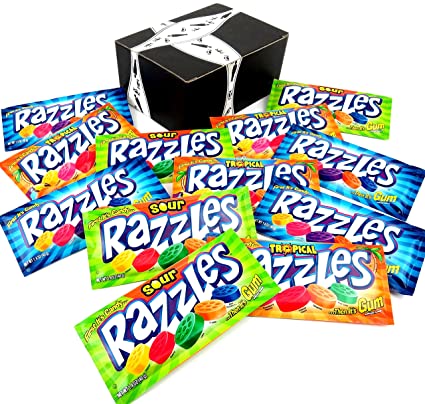 Razzles 3-Flavor Variety: Four 1.4 oz Packages Each of Original, Sour, and Tropical in a BlackTie Box (12 Items Total)