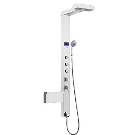 AKDY AZ-853351 59" Dual Rain Waterfall Shower Panel Tower Temperature Display, Overhead Shower, Massage Jets, Hand Shower, Soap Tray, Stainless Steel