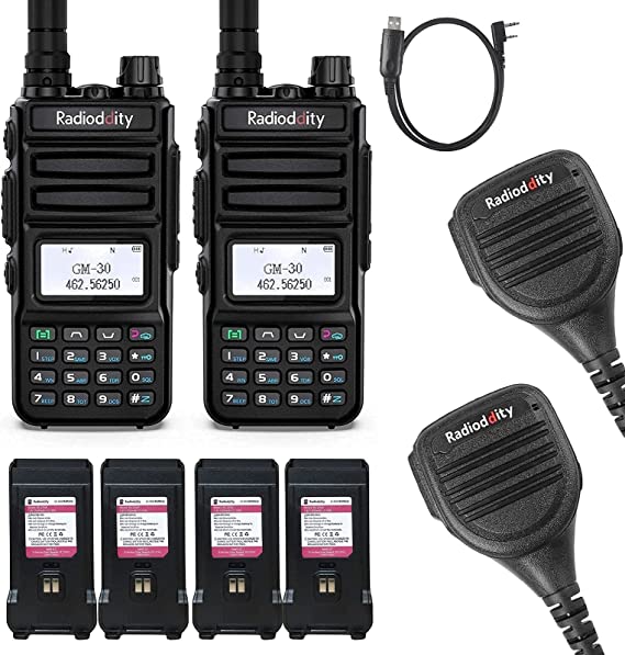 Radioddity GM-30 GMRS Radio Handheld 2 Pack 5W Long Range Two Way Radio, with 4 Batteries, 2 Waterproof Speaker Mic, 1 Programming Cable