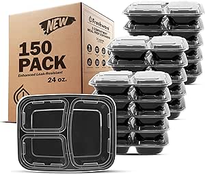 Freshware Meal Prep Containers [150 Pack] 3 Compartment with Lids, Food Storage Containers, Bento Box, BPA Free, Stackable, Microwave/Dishwasher/Freezer Safe (24 oz)