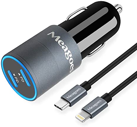 Meagoes USB C Fast Car Charger, Compatible for iPhone 11 Pro Max/11 Pro/11/XS MAX/XS/XR/X/8 Plus/8/iPad Mini 5/Air 3, Dual 18W Power Delivery Ports Adapter with 3.3ft MFi Certified Lightning Cable