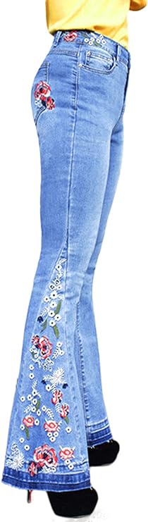 CHARTOU Womens Chic Floral Embroidered High-Rise Bell Bottom Flare Jeans Broad Feet Long Denim Pants