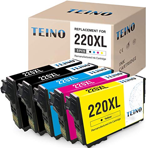 TEINO Remanufactured Ink Cartridge Replacement for Epson 220 220XL T220XL Use with Workforce WF-2760,WF-2750,WF-2630,WF-2650,WF-2660,XP-320,XP-424,XP-420 (Black Cyan Magenta Yellow, 5-Pack)