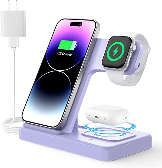 Charging Station for Multiple Devices Apple, 3 in 1 Charging Station for Apple, Fast Wireless Charger Stand for iPhone 14/13/12/11/Pro/Max/Plus/XS/XR/X/8, iWatch 8/7/6/5/4/3/2/SE & AirPods(Purple)