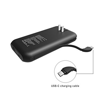 USB C 15000mAh AC Plug Portable charger Heloideo USB Type C Power Bank, Fast Charge with AC Adapter, Built-in USB-C cable for Nintendo Switch, Galaxy S8 and more USB-C Devices(USB-C cable-Matt black)