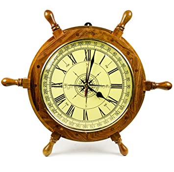 Nagina International 18" Nautical Hand Crafted Premium Ship Wheel Clock with Directional Pirate's Compass Dial Face | Home Decor Wall Clock Nursery Gifts & Collectibles