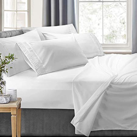 Clara Clark 4-Piece 100% Soft Brushed Microfiber Bedding Set Luxury Pleated Pillowcases, Cool & Breathable, 4 PC Sheets Twin White