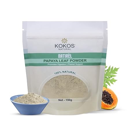 Kokos Natural Papaya Leaf Powder 150 Gm - Promotes Digestion, Platelet Support, 100% Natural - Rich in Enzymes, Vitamins & Minerals, Anti-Malaria - Ideal for Liver, Hair, Skin & Menstrual Cramps