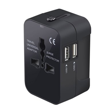Travel Adapter，Universal All-in-One Worldwide Travel Adaptor with Dual USB & Built-in Safety Shutters & 5 Foldable Plugs Wall Charger for USA EU UK AUS Cell phone laptop(black)