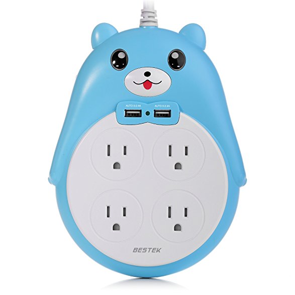 BESTEK Surge Protector Power Strip with USB for Girls, Cute Little Bear Power Outlet with 4-Outlet 2 USB 5.9-Foot Cord in Dorm or Bedroom, 1875W & 900Joule