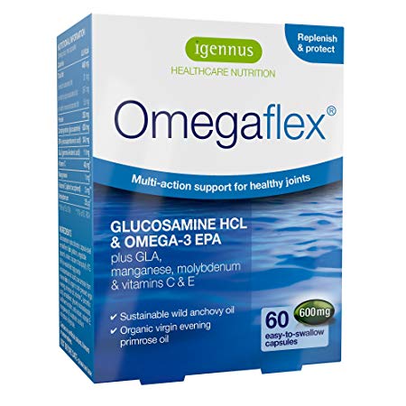 Omegaflex Glucosamine with High Strength Fish Oil, Virgin Evening Primrose Oil & Manganese, Vitamin C & E, Joint Health Support, with Omega-3 & 6, 70% Concentration High EPA Fish Oil, 60 Softgels