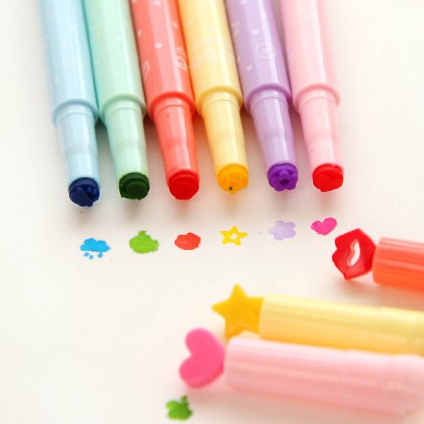 Kawaii Stamp Markers Watercolor Pen for School Supplies, 6-pack