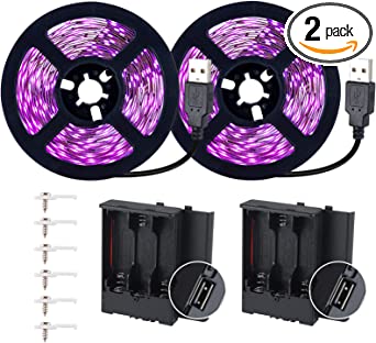 16.4FT Black Light Strip with USB Plug   Battery Box, Adhesive 300LEDs Blacklight Fixture, Battery & USB Operated for Glow Neon Party Halloween Birthday Glass Cabinet Fluorescent Poster Fishing Boat