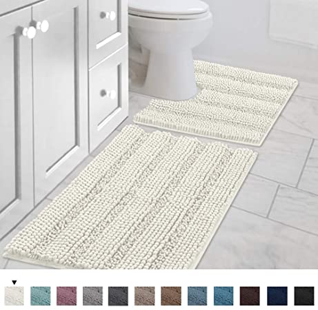 H.VERSAILTEX Bath Rug Set 2 Piece for Bathroom Non Slip Thick Chenille Bath Rugs Contour and Rectangle, Water Absorbent Fluffy Shag Mats Machine Washable (20" x 32" Plus 20" x 20" U, Ivory)