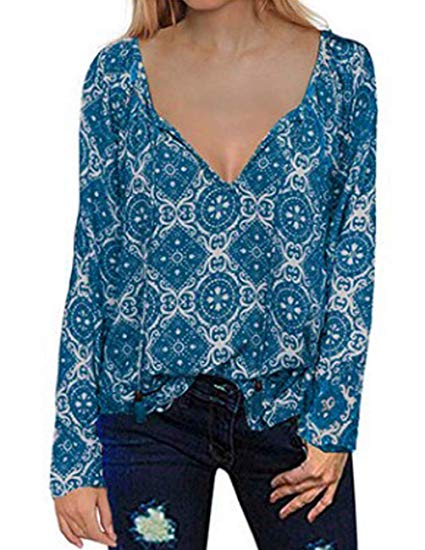 joyliveCY Women's Casual Long Sleeve Tops V Neck Printed Chiffon Blouse Loose Floral Shirts Tunic
