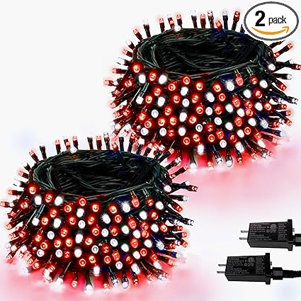 2 Pack Red and White Christmas Lights Indoor Outdoor, Super Bright 66FT 200 LED String Lights Waterproof, Twinkle Xmas Lights with Timer for Christmas Tree Decorations Bedroom Party Garden Patio Decor