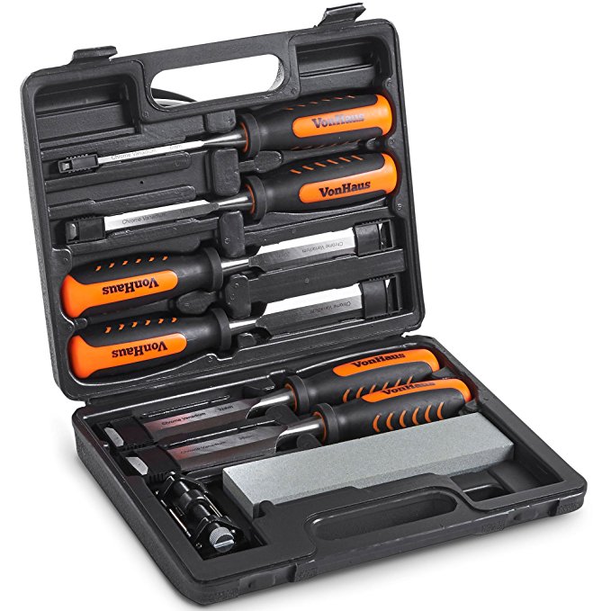 VonHaus 8 Piece Wood Carving Chisel Set with Honing Guide, Sharpening Stone & Storage Case