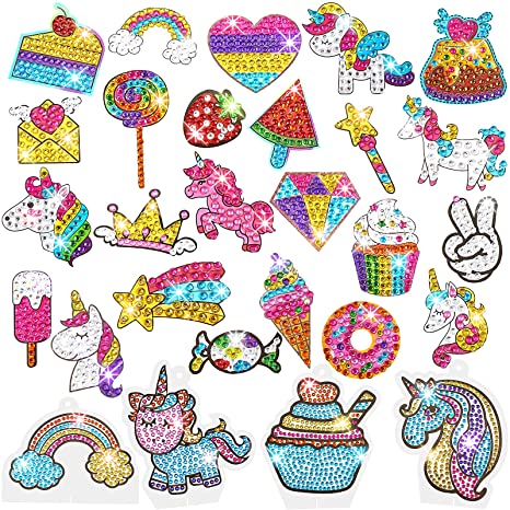 Gem Diamond Painting Kit for Kids, 24 Pieces DIY Diamond Painting Stickers, 4 Suncatchers and DIY Painting Tools to Create Your Own Diamond Stickers Cute Art Crafts for Girls Boys (Unicorn and Food)