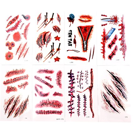 Body Scar Tattoo Temporary Stickers for Cos Play(8 Sheets -- Over 60 Wound Tattoos Total)-By KepooMan