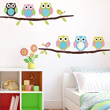 Soledi New Cute DIY Removable Colorful Six Owls Bird Branch Vinyl Decal PVC Wall Mural Sticker Poster Home Room Decor