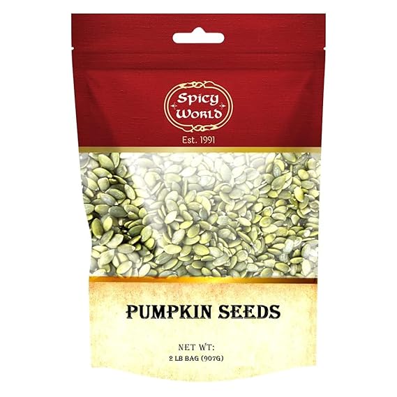 Spicy World Raw Pumpkin Seeds 2 LB Bag - Shelled, AAA Grade, Unsalted, Dry, Vegan, Bulk Bag