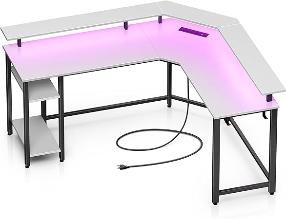 Rolanstar Computer Desk 55.1" with Power Outlets USB Ports & LED Strip, Reversible L Shaped Desk with Monitor Stand & Storage Shelf,L Shaped Gaming Computer Desk with Hooks,White