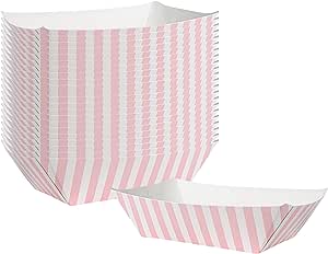 Bio Tek 1/2 Pound Food Boats, 50 Disposable Paper Food Trays - Heavy-Duty, Greaseproof, Striped Paper Food Boats, For Snacks, Appetizers, Or Treats, Use At Parties Or Carnivals - Restaurantware