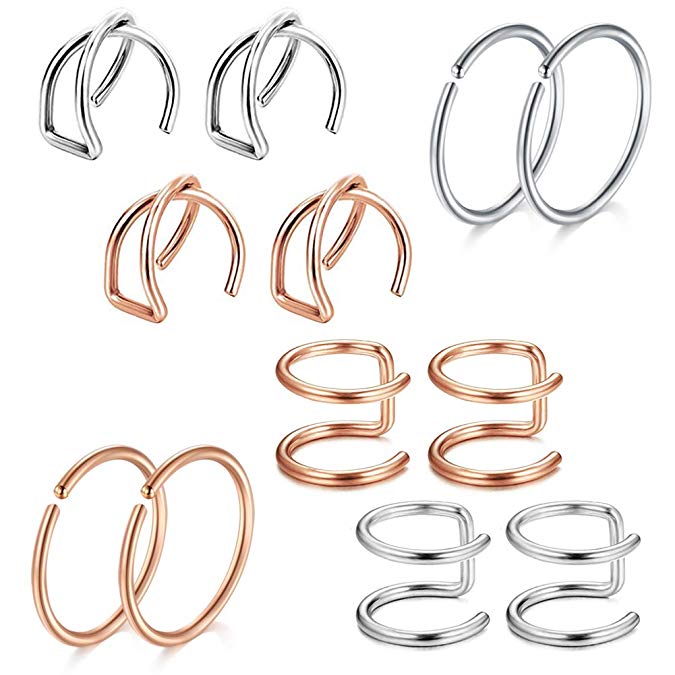 FECTAS 20G Fake Lip Rings Cartilage Earrings Ear Cuff Non-Pierced Clip On Faux Nose Ring