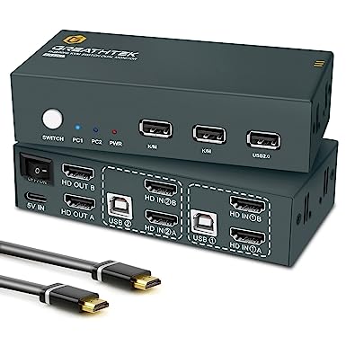 HDMI KVM Switch Dual Monitor 4K@60Hz, KVM Switch 2 Monitors 2 Computers Share USB Ports, Dual Monitor KVM Switches 2 Port 2 PCs Share 2 Monitors, Hotkey Switch, with 4 HDMI Cables and 2 USB Cables